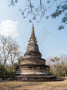 爬坡道大老塔台在泰国寺庙的山丘上挂着树架地标传统的图片