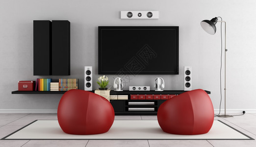 现代的单元平坦现代电视墙单位化电视墙单位在一个客厅里地毯上有两张红色扶手椅3D图片