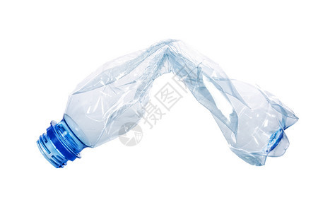 剪裁环境聚合物在特闭时白色背景上隔离的单一折叠塑料蓝瓶图片