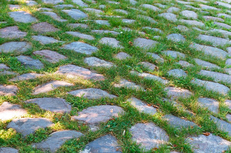 街道可石路在公上可碎石中间的沙岩草上焦石之间草地砖自然图片