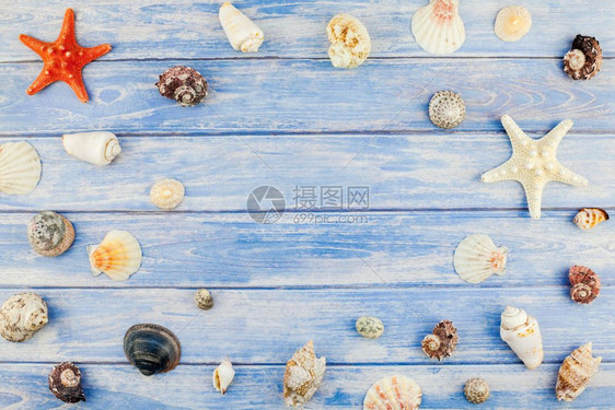 旅游海上底贝壳和星的顶层视图其背景为面糊蓝木板底贴色复制空间以生锈风格文字框架模板等蓝色的图片
