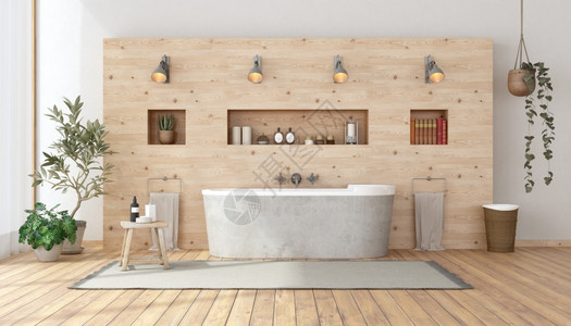 利基市场洗手间用浴缸与木墙对立有缝合架子3D用浴缸将卫生间以锈制式铺设乡村植物背景图片