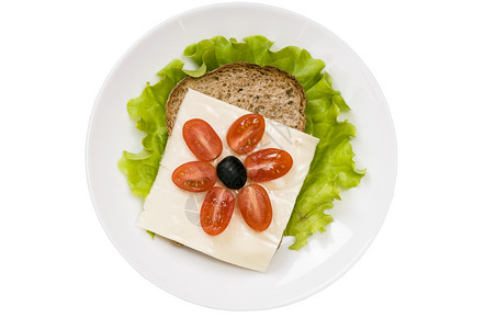 吃单身的白色盘子上加蔬菜和奶酪的三文治明白底孤立于樱桃背景图片