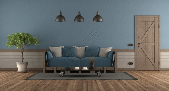 公寓咖啡优雅装有前门木沙发和蓝色灰衬垫的复古式房间3D配有前门和木沙发的Retro风格室图片
