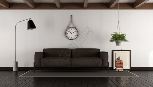 光束含棕色沙发的客厅含黑木面柜上褐色皮革沙发的客厅3D公寓钟图片