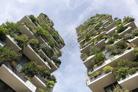 意大利米兰称为Bosco垂直的森林建筑住宅天空绿色图片