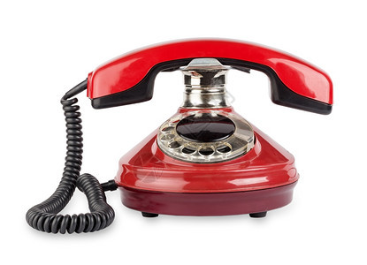 古董孤立在白色背景上的红旧电话缆沟通图片