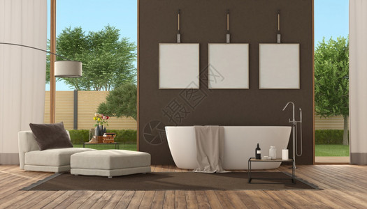 渲染空白的现代大浴室缸棕墙和扶手椅3D现代棕色浴室和缸地毯图片