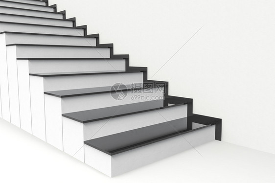 最小的3d对白色水泥楼梯背景上的现代黑色板块三维透视艺术空白的图片