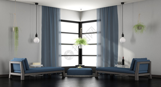 天花板灯内部的现代白色和蓝休息室带两个躺椅的现代白色和蓝客厅3d渲染图片