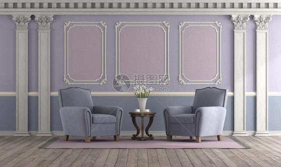 人们硬木Retro风格客厅有糊贴色高级坐椅和经典装饰元素3D配着糊贴色的古典风格客厅渲染图片