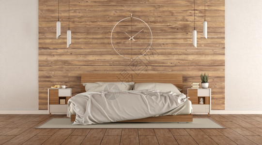 白色的带有双床阿盖壁木墙的小型主卧室3D制成配有木双床的最小型主卧室目的家图片