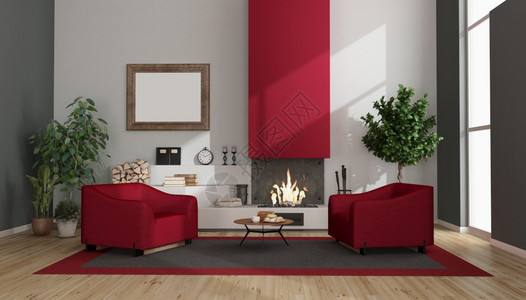 窗户植物房间现代起居室配有红色壁炉和制臂椅3D为现代起居室配有壁炉和制臂椅图片