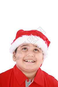 卡斯蒂略年轻美女圣诞男孩的头部拍摄仰望着模仿空间和微笑愉快可爱的图片