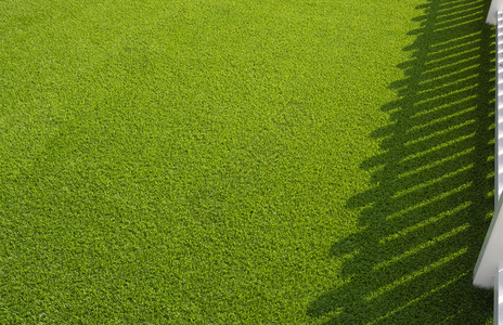 院子纠察家庭前绿色人工草地表面白色木栅栏的阳光和阴影家前院户外图片