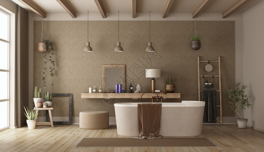 棕色的家植物配有现代浴缸和旧式装饰物品的古型洗手间3D图片