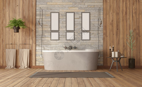 用浴缸抵挡石墙桌边板和木3D使用浴缸抵挡石墙的更优浴室硬木浅褐色的水平图片