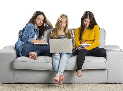 在家工作友谊女孩们在家里用书本和笔记电脑学习的少女图片