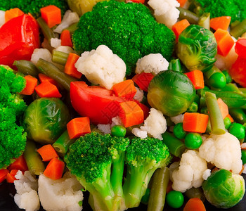 细绳营养品食物健康的菜花鲜贝芽西兰花胡萝卜豆弦和青豌图片