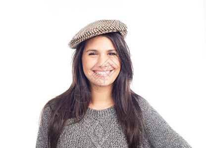 微笑女孩美丽着快乐的黑发女人戴着法国帽子和羊毛衫十月图片