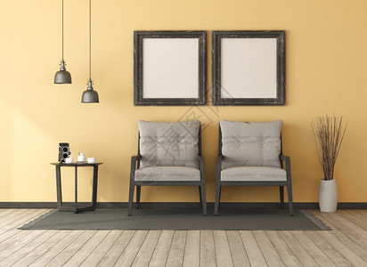 背黄色客厅有两张木制椅子和一空白照片框3D在黄色房间装上两张木制椅子咖啡黄色的扶手椅咖啡图片