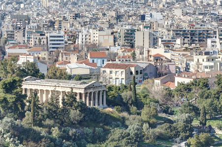 旅行从Areopagus或火星山可以看到雅典中心的观点希腊赫法西斯寺庙也称为特西奥或塞翁作为联络点提西奥翁图片
