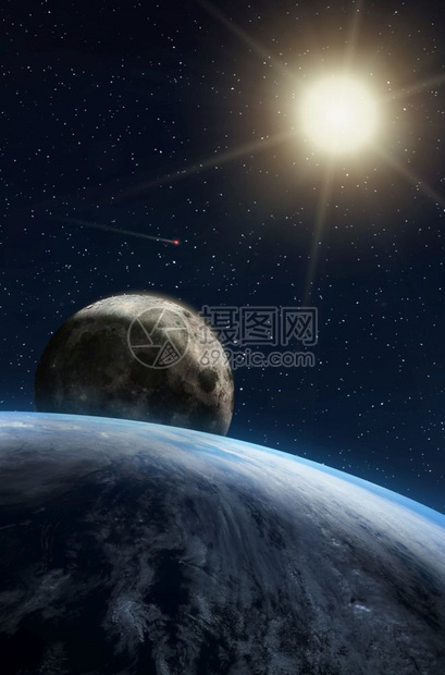 天文学oopicapi58皮卡行星地球及其自然卫星月球的奇幻构成月亮星空中闪的太阳美国航天局提供的这幅图象中彗星元素图片