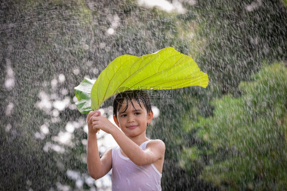 乐趣户外男孩微笑玩得开心站在她的头上叶子在雨中站立愉快图片