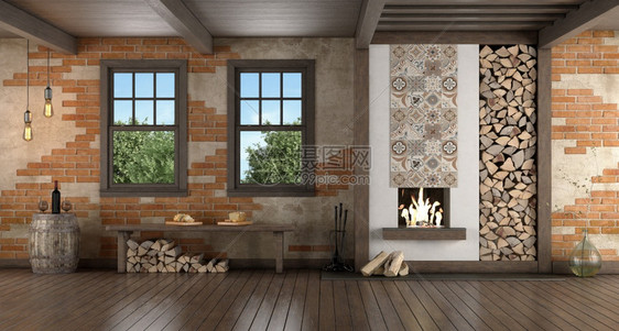 窗户墙装有旧壁炉和窗下木凳子的石板式房3D制成用旧壁炉铺的石板式房木头图片