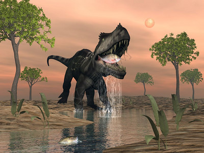 湖边日落前在大型亚硝基和高山植物间捕捞恐龙3D动物史前图片