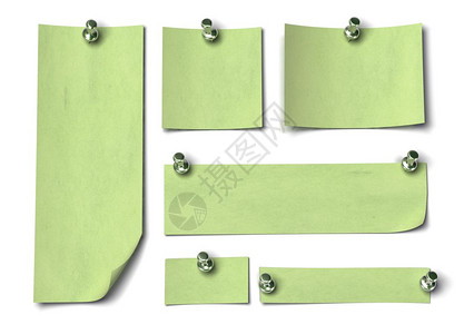 商业备忘录一组绿色笔记其大小不同长用缩图固定在白色墙上的一套绿笔记别针图片