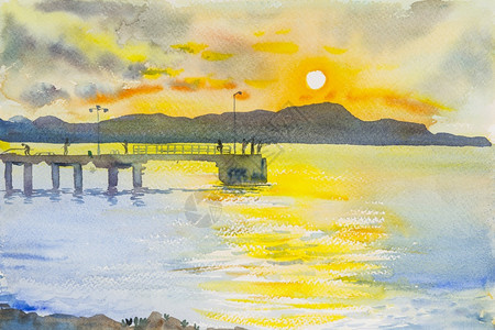 墙纸港口克隆原始海景绘画山的日落色彩多和橙树丛背景的情感图片