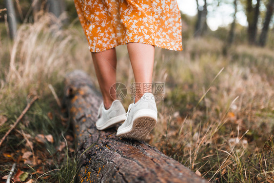 穿着裙子在森林中走过青春的年轻女子孩连衣裙图片