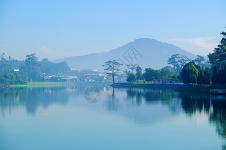 早晨梦幻般的亚洲人清晨大拉特城美丽的风景与雾中湖泊松树对水的反射青沙中风景这里是越南旅行的浪漫之地图片