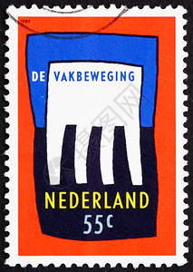荷兰CIRCA198荷兰印刷的章显示荷兰工会198年circa复古的一种纸图片