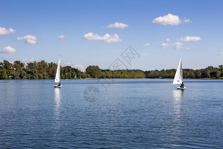 运动臭鼬两艘小白船在湖上航行自然图片