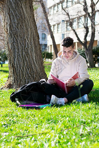 青年坐在学校草地上学习图片