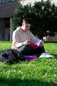 男同学坐在学校草地上学习图片