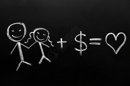 一种结合金钱意味着爱概念公式在黑板上用粉笔画成白色的空图片