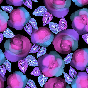 夏天开花插图用于纺织印刷壁纸包装网络背景和其他模式的花粉设计以紫玫瑰填补无缝图案数字水彩花设计图片