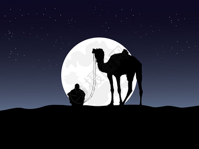阿拉伯斋月踪迹山顶上人民和骆驼的黑色轮廓背面有月亮和蓝天空背景是月光和蓝天图片