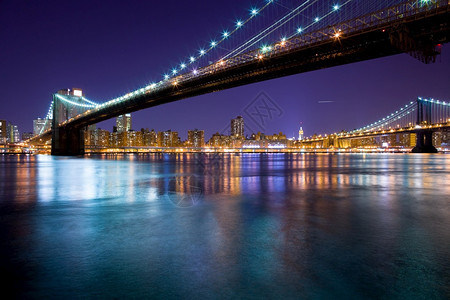 美国纽约曼哈顿布鲁克林桥夜景图片