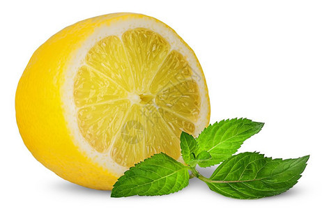 白色背景中分离的半柠檬和薄荷枝半柠檬和薄荷枝新鲜的药物草本图片