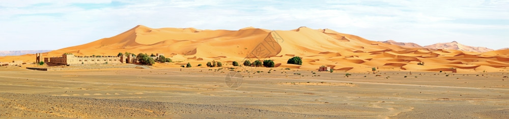 荒凉棕榈建筑的摩洛哥ErgChebbi沙漠的全景图片