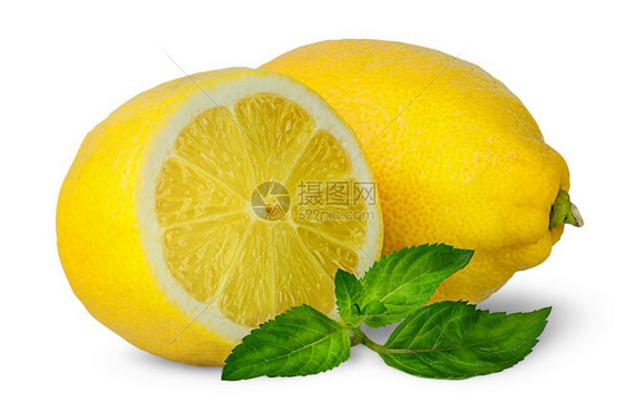 绿色清爽一半和整个柠檬与薄荷隔离在白色背景新鲜的图片