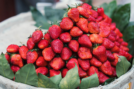 美味的在市场上木篮子里放绿叶的新鲜草莓收成吃图片