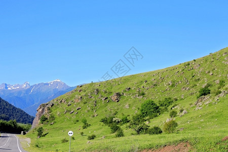 蓝色的高加索山脉之间通向南高加索的公路树阿尔卑斯山图片