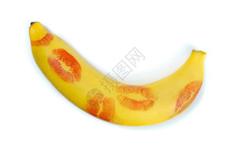 象征亲密白种背景上印着红口的香蕉艺术图片
