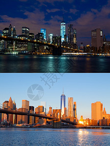 哈德逊城市美国纽约曼哈顿和布鲁克林大桥的摩天厦两张照片夜晨两张制造一个小扁豆图像的单一点在曼哈顿单一点的夜晚和清晨地标图片