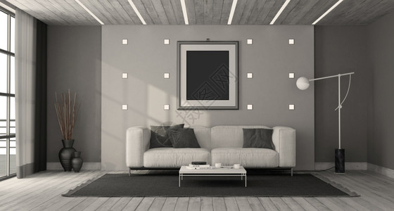 极简主义者家内部的带有现代沙发咖啡桌和在天花板上带灯光的黑白最小客厅3D使黑白最低客厅变成黑色最低客厅图片